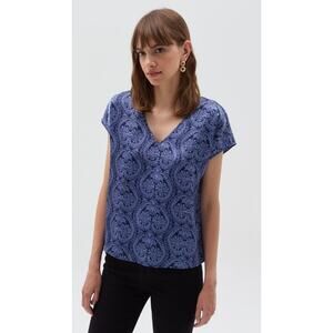 OVS Paisley V Neck Blouse Navy White Print European S Casual Minimal Everyday